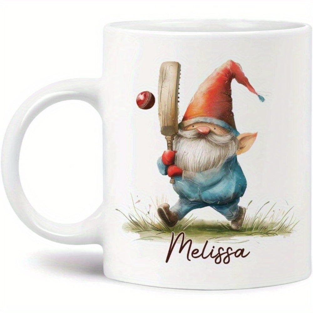 Tailorly White Ceramic 11 oz Mug - Melissa Charming Small Creature Playing Cricket With Bat And Ball On Green Grass Gnome