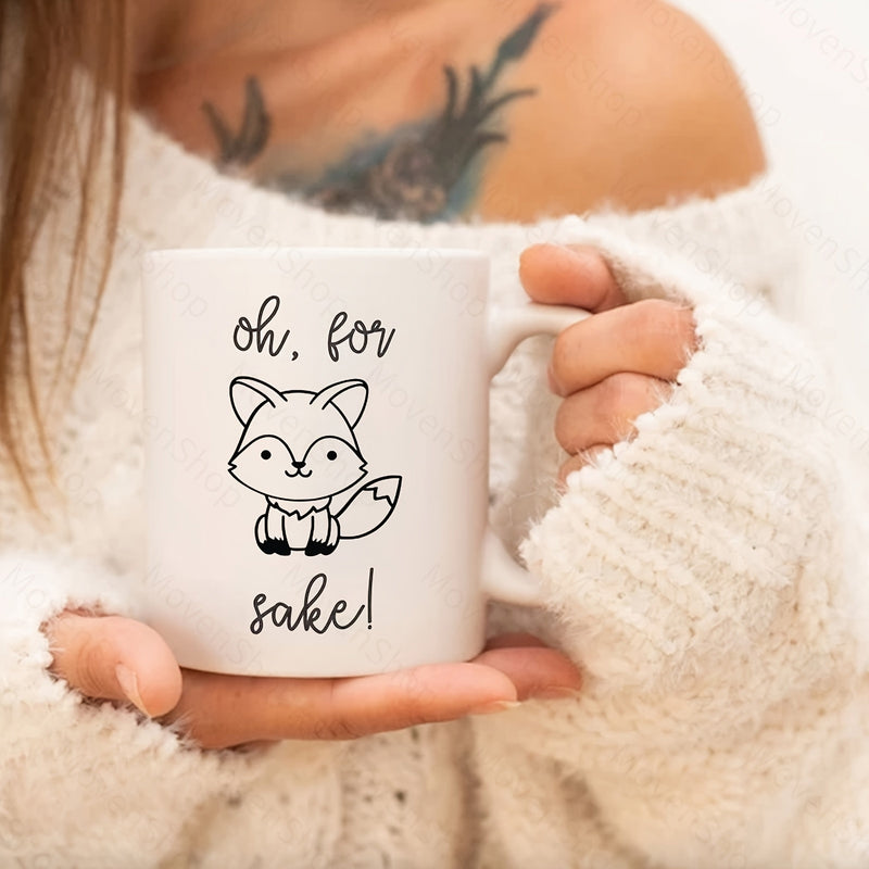 Tailorly White Ceramic 11 oz Mug - Oh For Fox Sake Minimalist Black Line Art Style Featuring A Small Cute Sitting Forest Fox