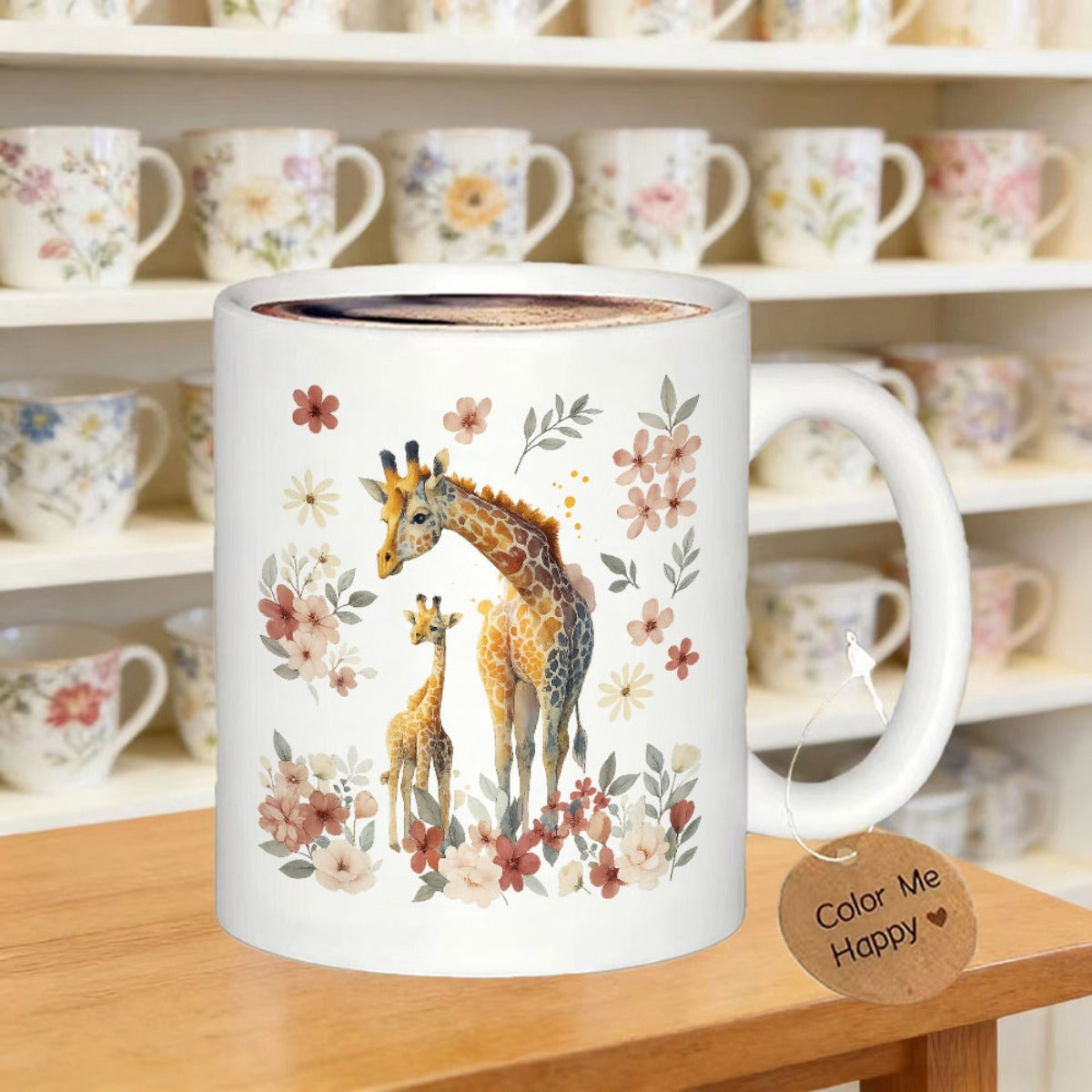 Tailorly White Ceramic 11 oz Mug - Color Me Happy Majestic Adult And Baby Among Delicate Pink Watercolor Blossoms Giraffe