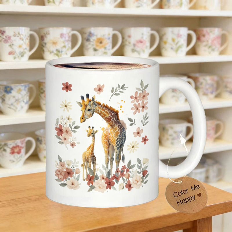 Tailorly White Ceramic 11 oz Mug - Color Me Happy Majestic Adult And Baby Among Delicate Pink Watercolor Blossoms Giraffe
