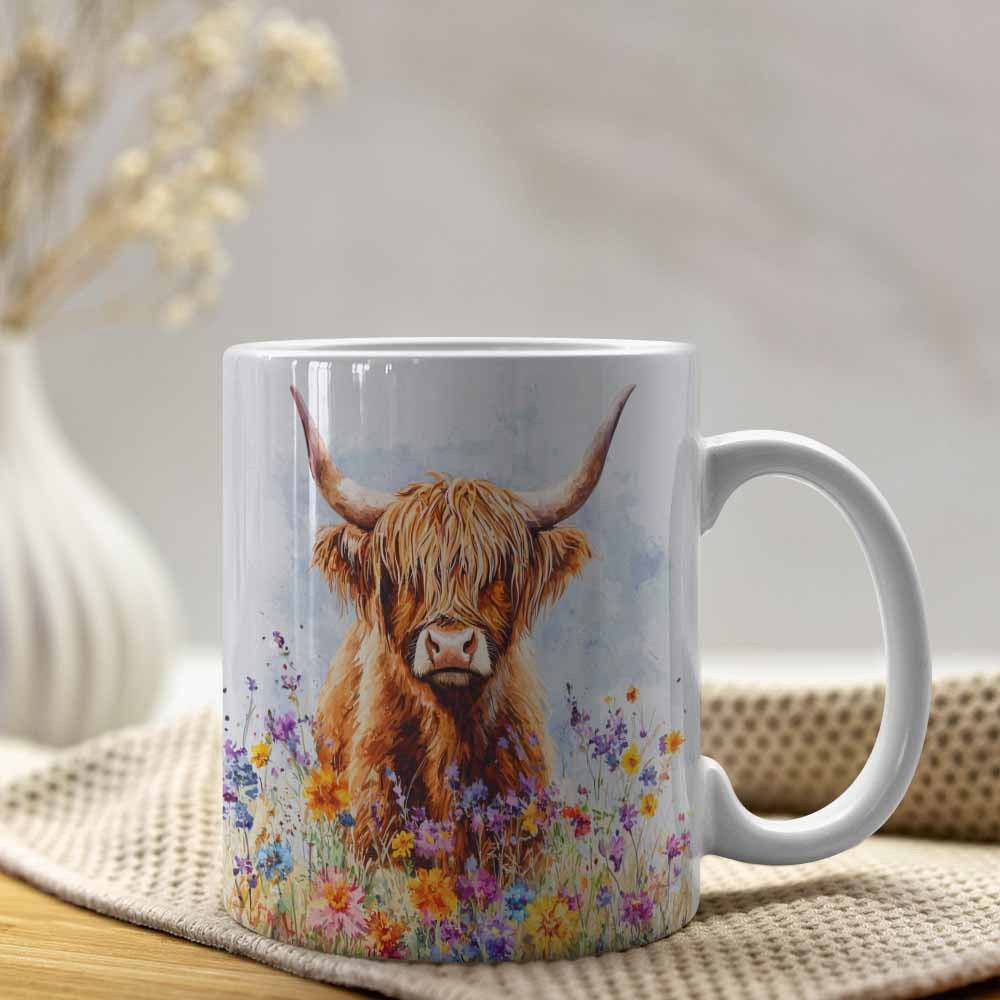 Tailorly White Ceramic 11 oz Mug - Rustic Highland Cow Sitting Among Colorful Blooming Wildflowers In Meadow Cow