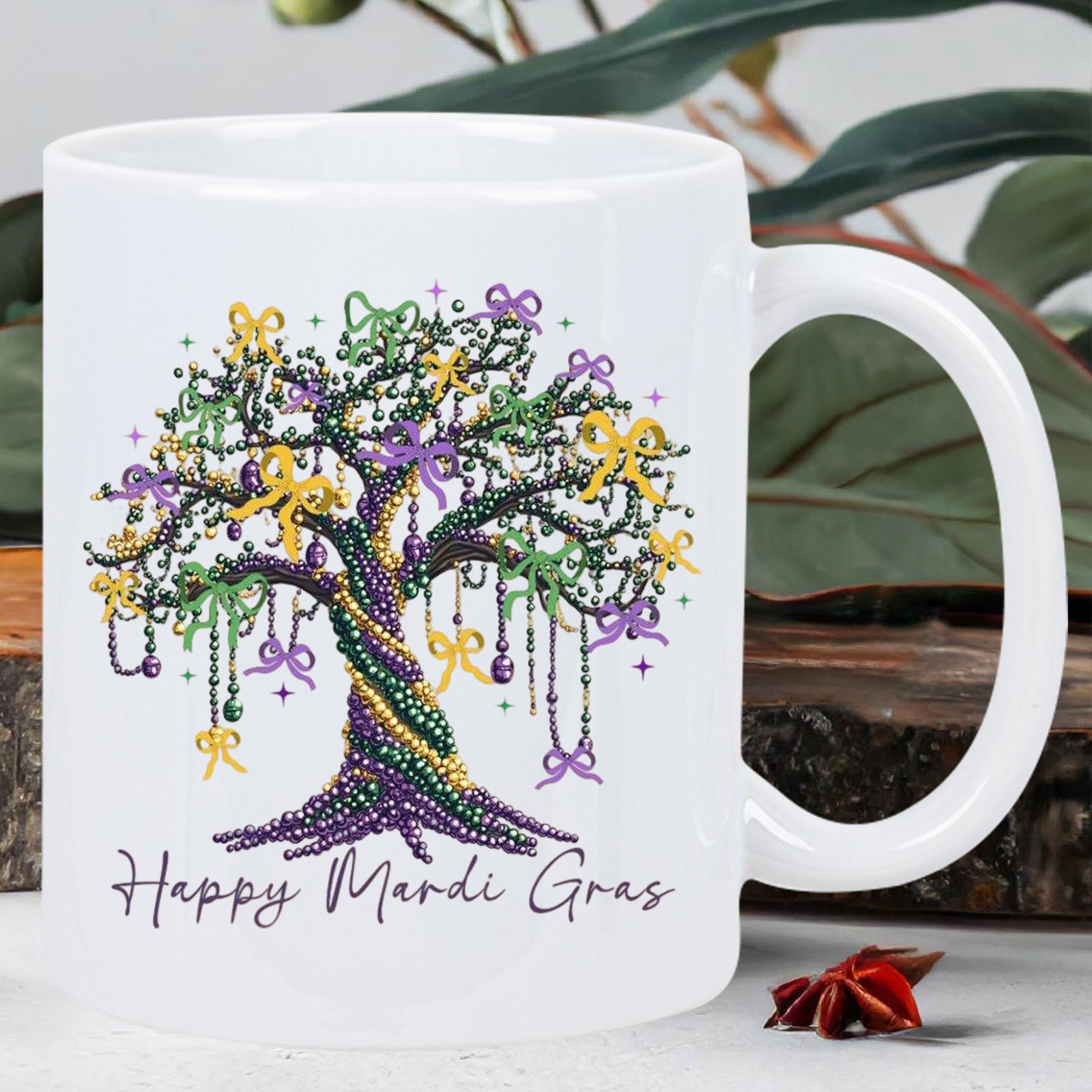 Tailorly White Ceramic 11 oz Mug - Happy Mardi Gras Intricate Festive Beads And Ribbons Decorating A Majestic Glistening Celebration Tree