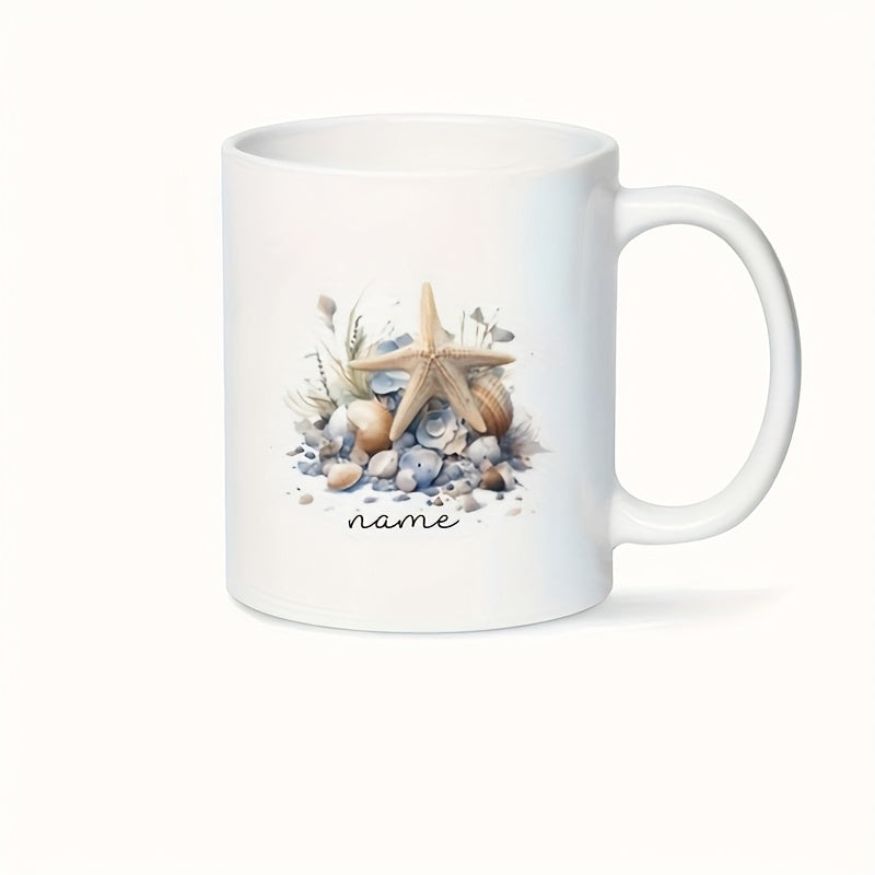 Tailorly White Ceramic 11 oz Mug - Name Beautiful Watercolor Nautical Shells Resting Among Coastal Sea Grass Starfish