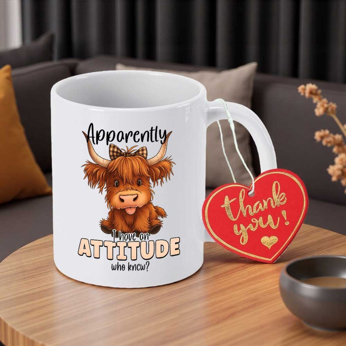 Tailorly White Ceramic 11 oz Mug - Apparently I Have An Attitude Who Knew Adorable Highland Cow With Buffalo Plaid Bow Resting Comfortably Cow