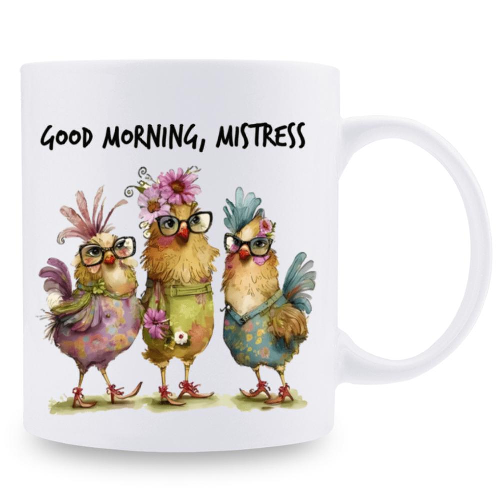 Tailorly White Ceramic 11 oz Mug - Good Morning Mistress Three Colorful Whimsical Chicks Wearing Glasses And Floral Hats Standing Together Chick