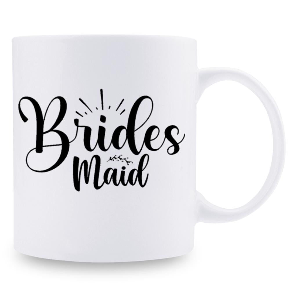 Tailorly White Ceramic 11 oz Mug - Brides Maid Minimalist Modern Calligraphy Script Decorated With Elegant Leaf Branch And Burst Mug