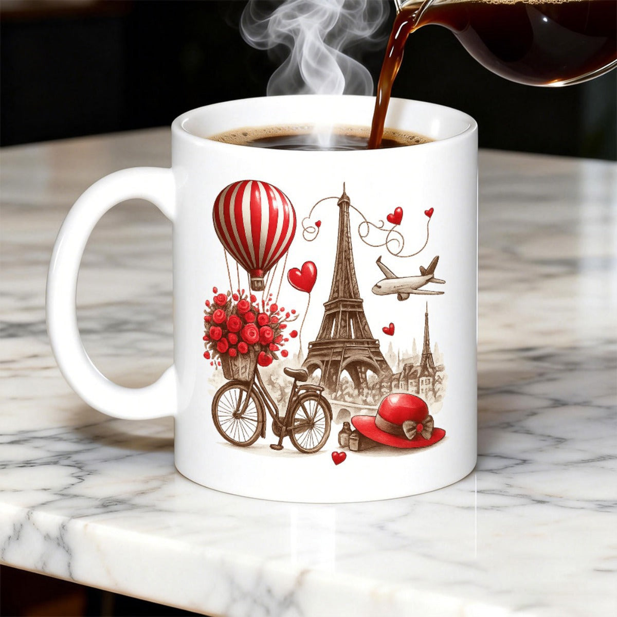 Tailorly White Ceramic 11 oz Mug - Romantic Paris Scenery With Red Hot Air Balloon And Bicycle Eiffel Tower
