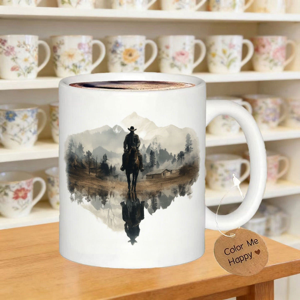 Tailorly White Ceramic 11 oz Mug - Lonely Rider On Horseback With Reflection Among Misty Mountain Peaks Cowboy
