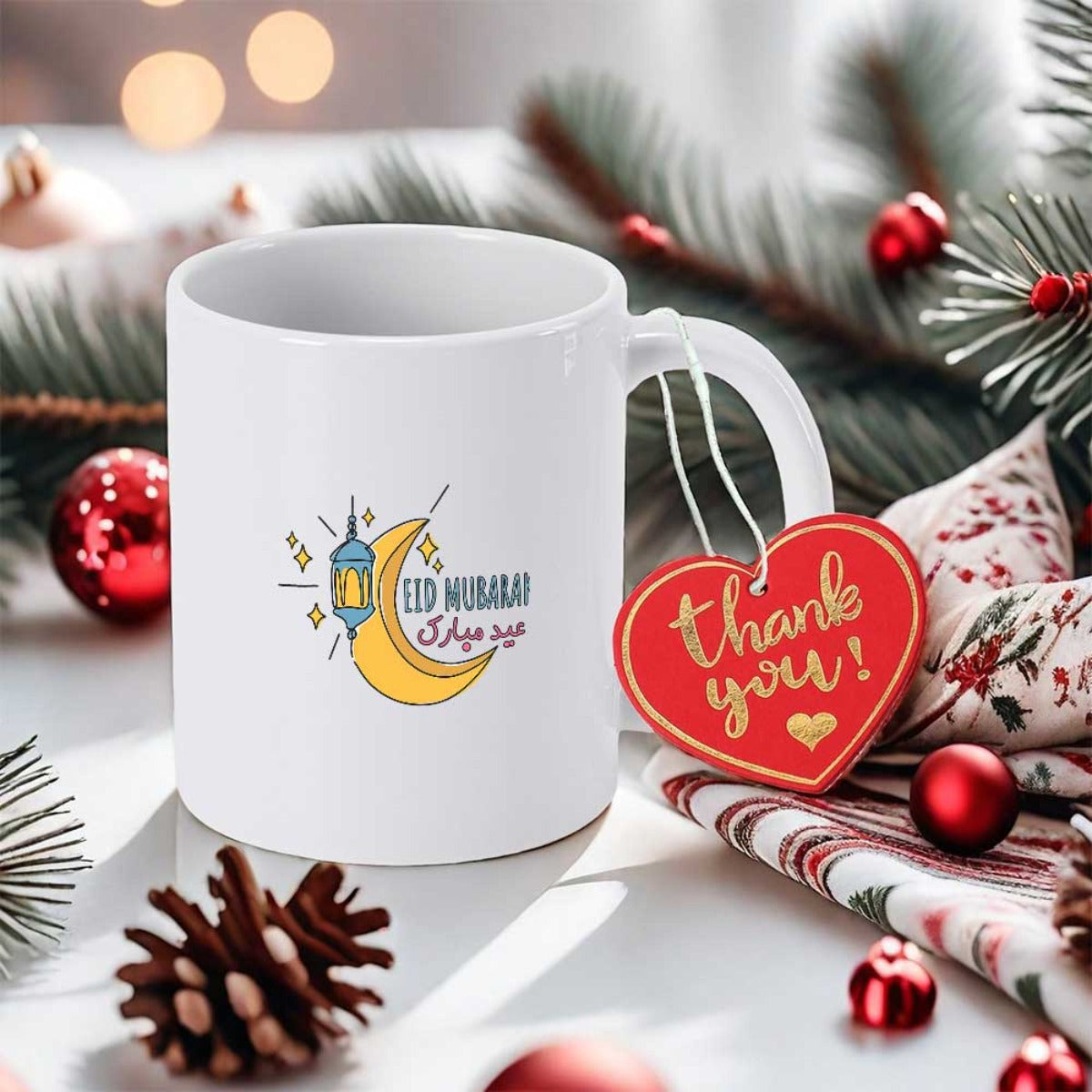 Tailorly White Ceramic 11 oz Mug - Eid Mubarak Traditional Golden Crescent Moon With Elegant Hanging Cultural Lantern Lantern