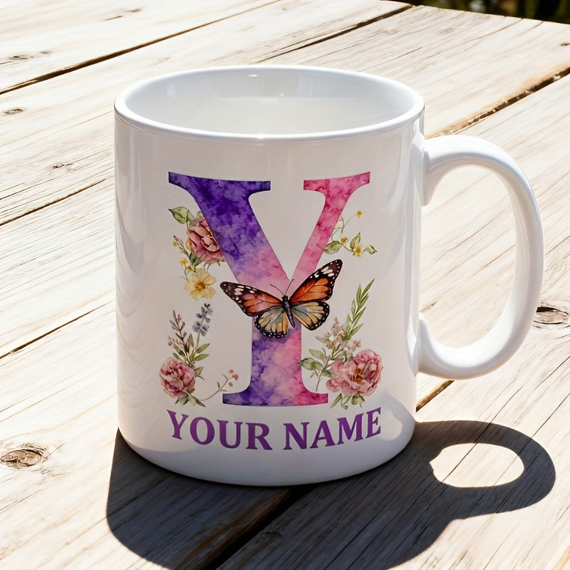Tailorly White Ceramic 11 oz Mug - Your Name Floral Alphabet Letter With Fluttering Butterfly Surrounded By Delicate Blooming Garden Butterfly