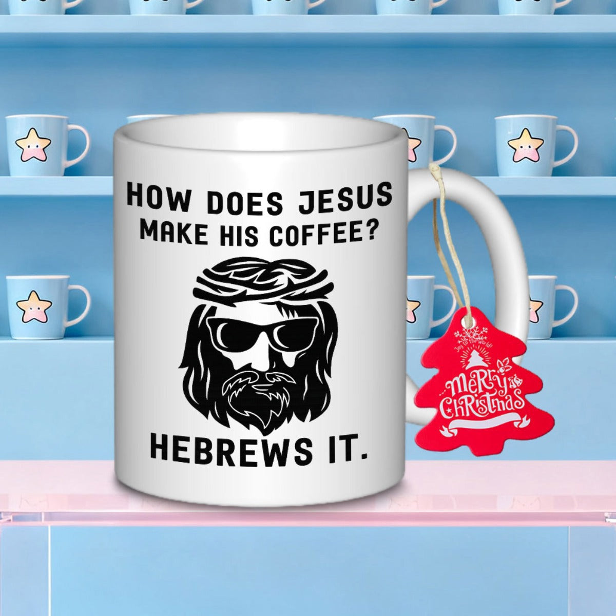 Tailorly White Ceramic 11 oz Mug - How Does Jesus Make His Coffee Hebrews It Stylized Religious Figure Wearing Modern Sunglasses And A Crown Of Thorns Illustration
