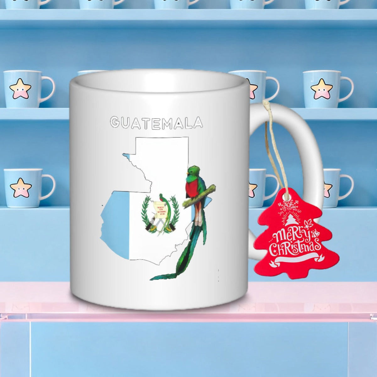 Tailorly White Ceramic 11 oz Mug - Guatemala National Flag Map Silhouette With A Majestic Perched Tropical Bird Quetzal