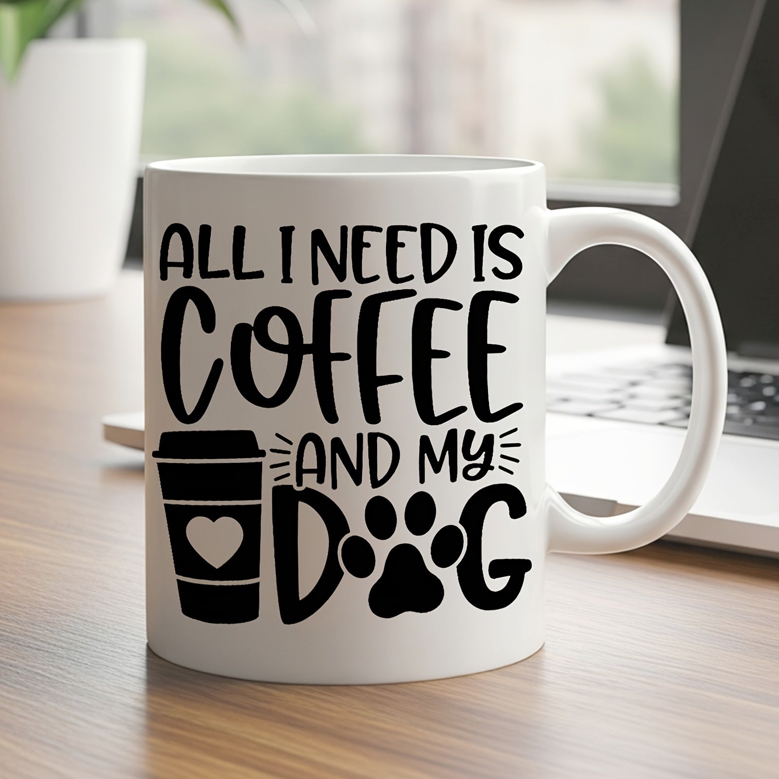 Tailorly White Ceramic 11 oz Mug - All I Need Is Coffee And My Dog Minimalist Black Silhouette Featuring A Heart Cup And Paw Print Mug