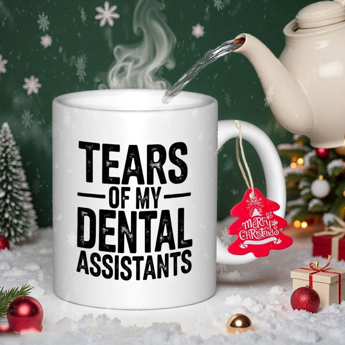 Tailorly White Ceramic 11 oz Mug - Tears Of My Dental Assistants Minimalist Ceramic Vessel Amidst Festive Snow And Christmas Ornament Decor Mug