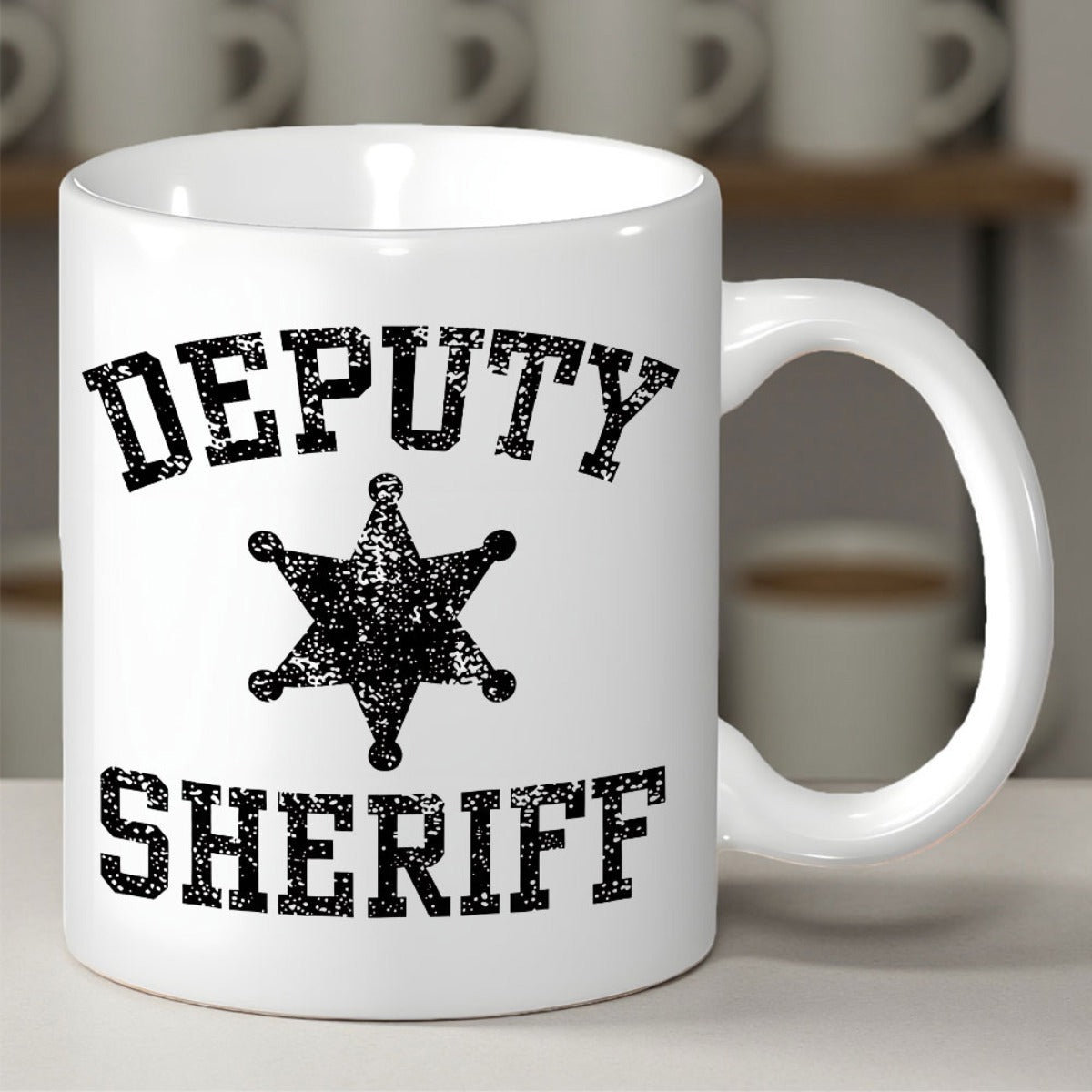 Tailorly White Ceramic 11 oz Mug - Deputy Sheriff Vintage Distressed Style Black Six Pointed Star Law Enforcement Badge