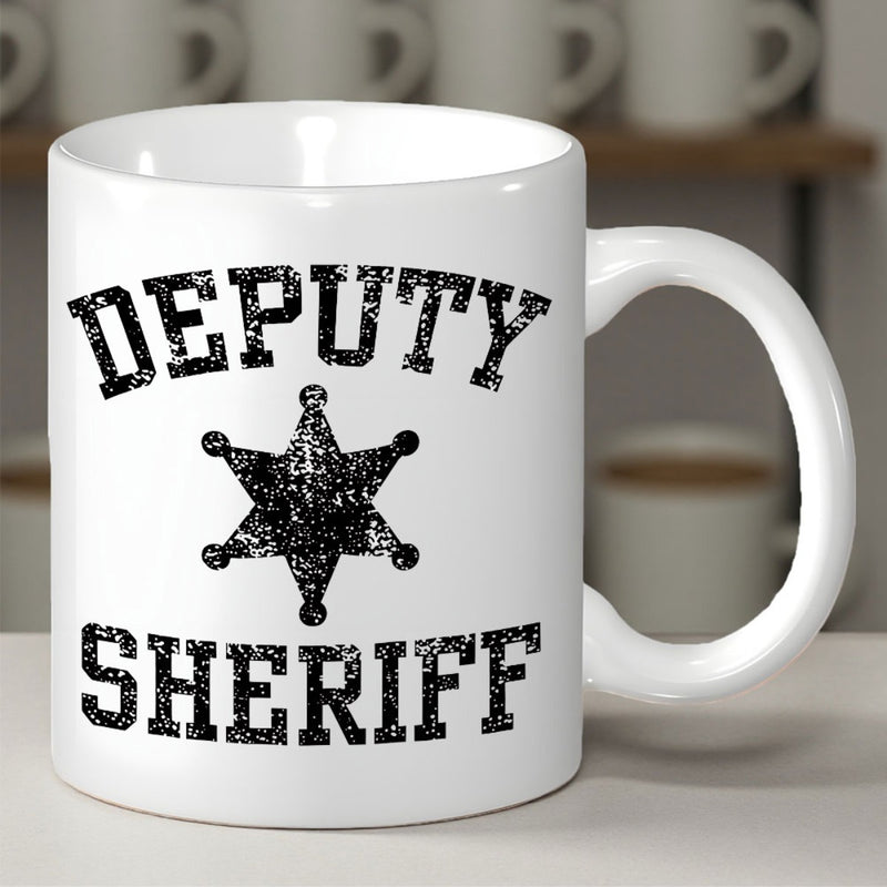 Tailorly White Ceramic 11 oz Mug - Deputy Sheriff Vintage Distressed Style Black Six Pointed Star Law Enforcement Badge