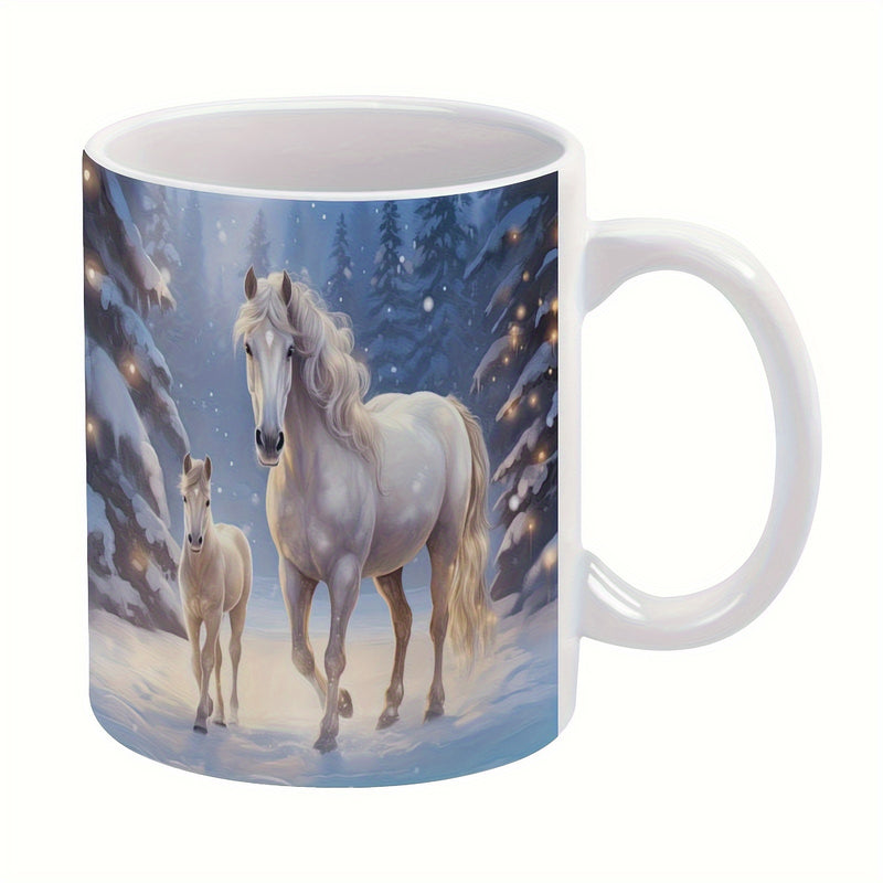 Tailorly White Ceramic 11 oz Mug - Majestic White Horses Wandering Through A Sparkling Snowy Pine Forest Horse