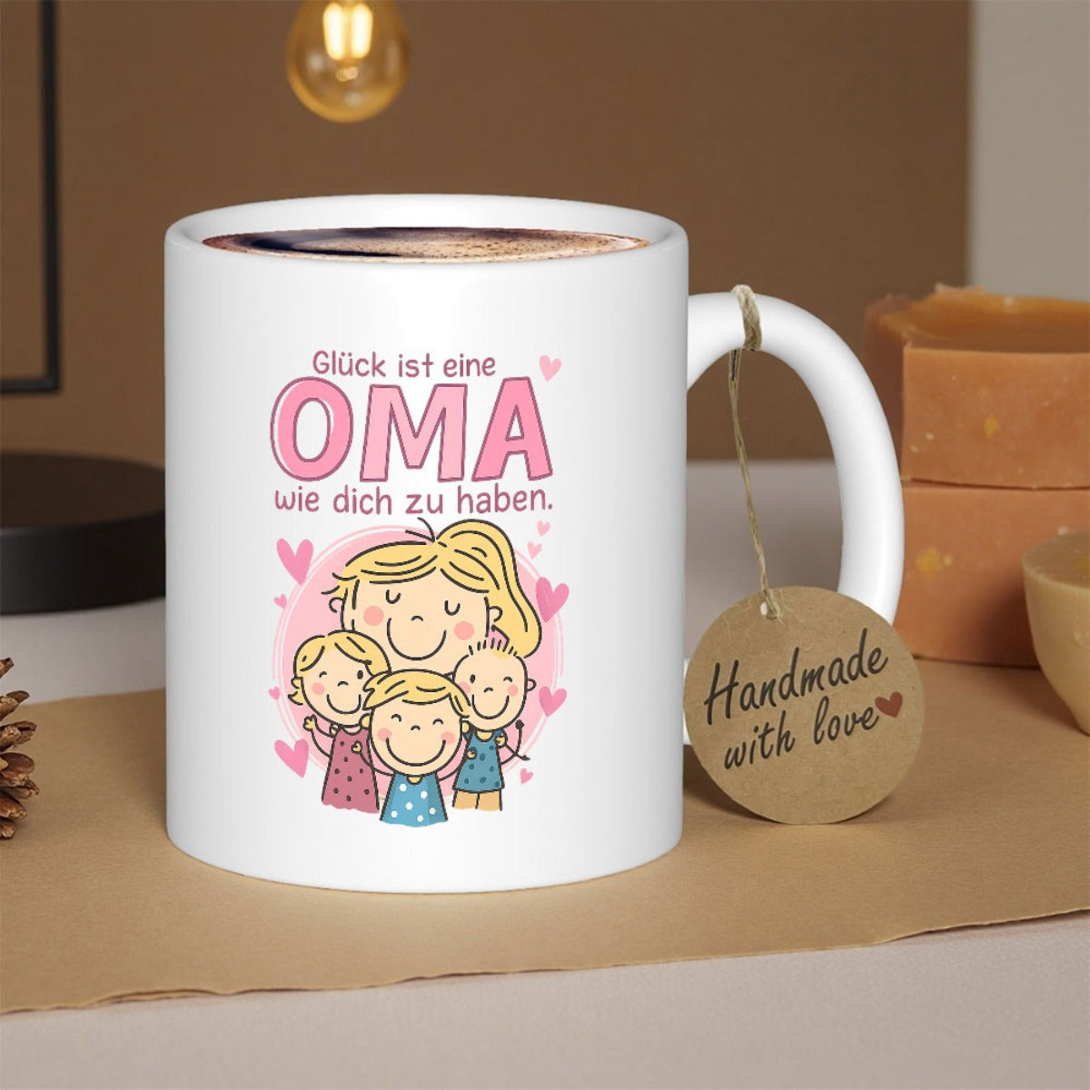 Tailorly White Ceramic 11 oz Mug - Handmade With Love Hand Drawn Cartoon Style Featuring Smiling Children And Pink Hearts Grandmother