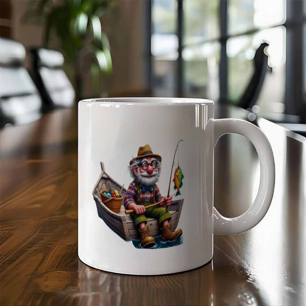 Tailorly White Ceramic 11 oz Mug - Elderly Bearded Man Fishing On A Small Boat Over Gentle Water Fisherman