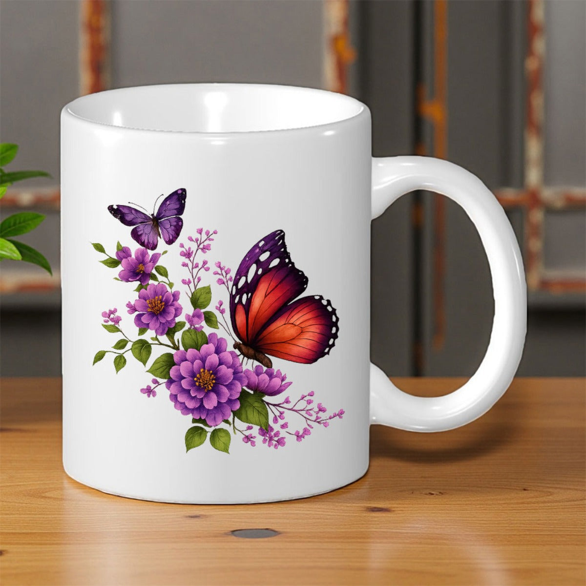 Tailorly White Ceramic 11 oz Mug - Blooming Purple Floral Garden Surrounded By Elegant Fluttering Colorful Nature Butterfly