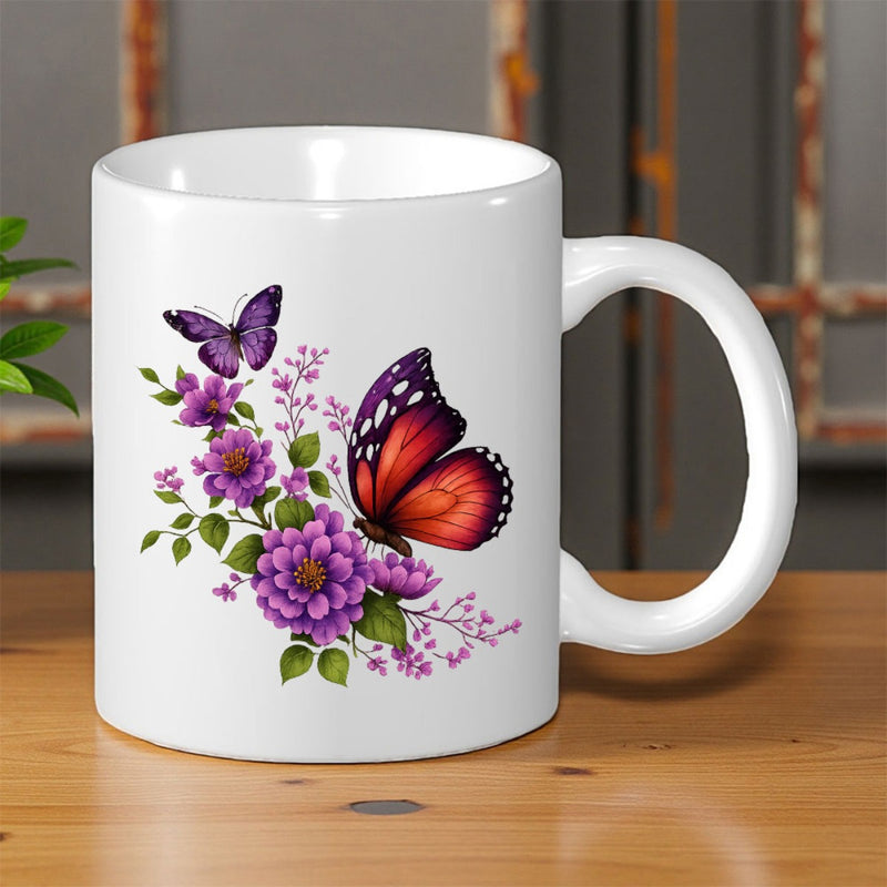 Tailorly White Ceramic 11 oz Mug - Blooming Purple Floral Garden Surrounded By Elegant Fluttering Colorful Nature Butterfly