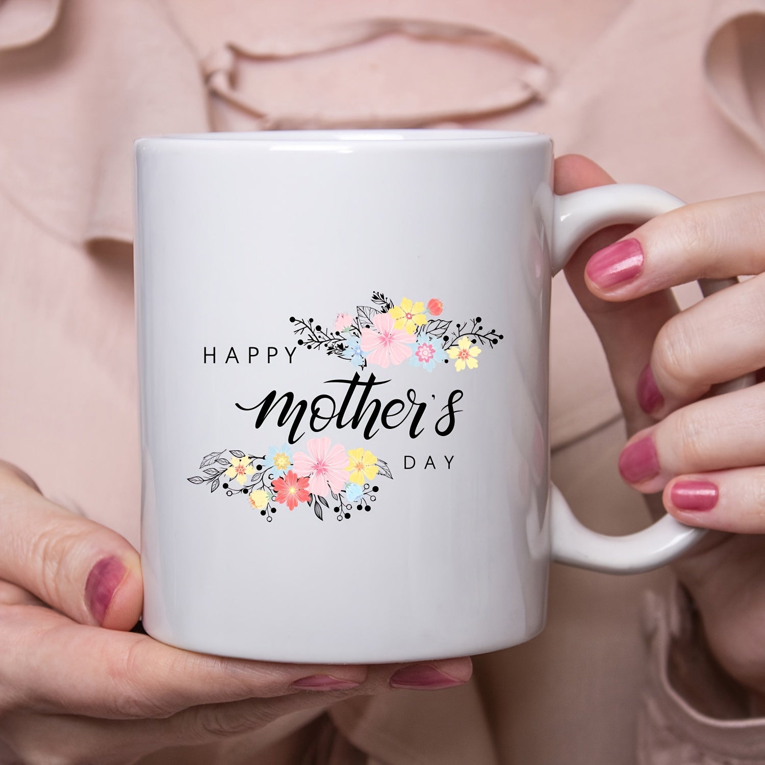 Tailorly White Ceramic 11 oz Mug - Happy Mother's Day Minimalist Colorful Flowers Blooming Gently Between Elegant Script And Classic Typography Flower