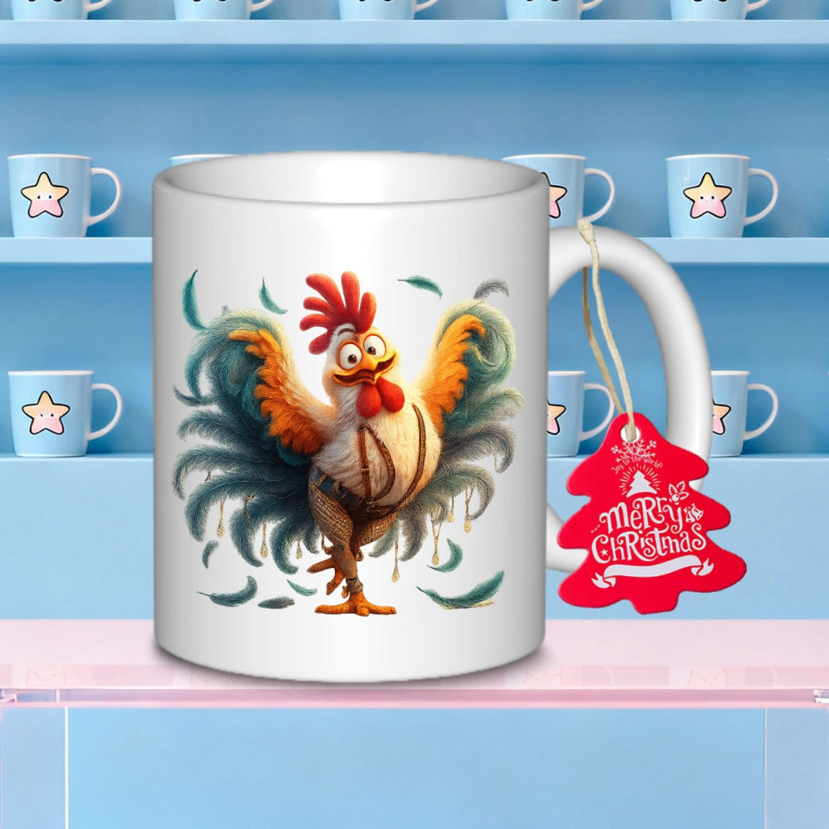 Tailorly White Ceramic 11 oz Mug - Colorful Animated Chicken With Bright Red Comb And Expressive Eyes Rooster
