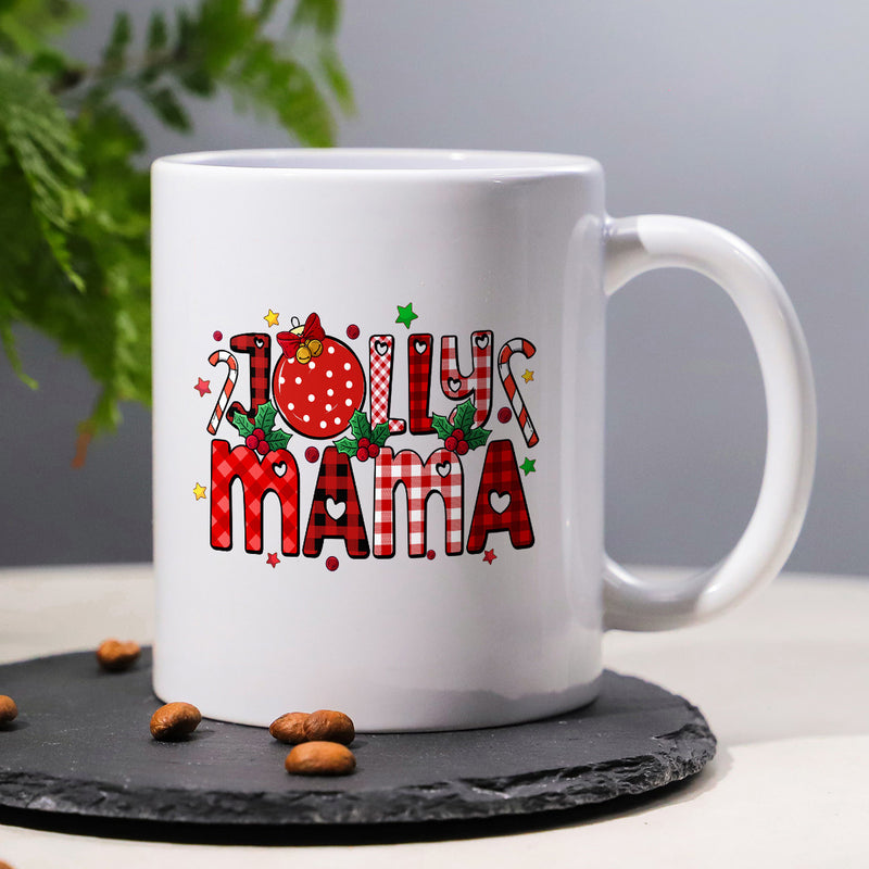 Tailorly White Ceramic 11 oz Mug - Jolly Mama Festive Buffalo Plaid Pattern Featuring Candy Canes And Stars With Holly Sign
