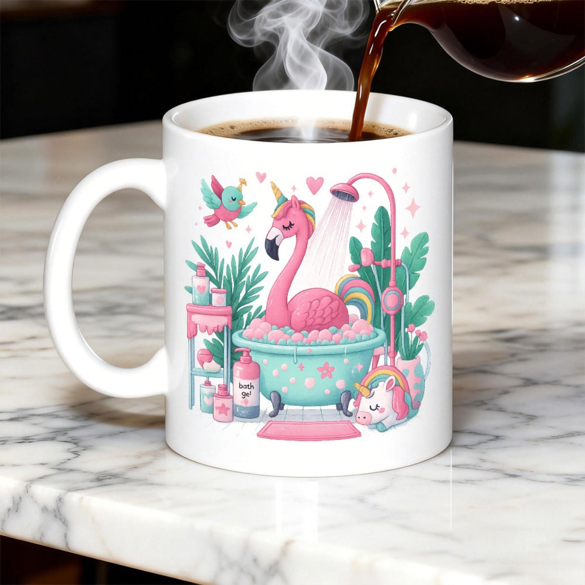 Tailorly White Ceramic 11 oz Mug - Whimsical Pink Unicorn Bird Relaxing In Bubbles Inside Pastel Teal Bathtub Flamingo