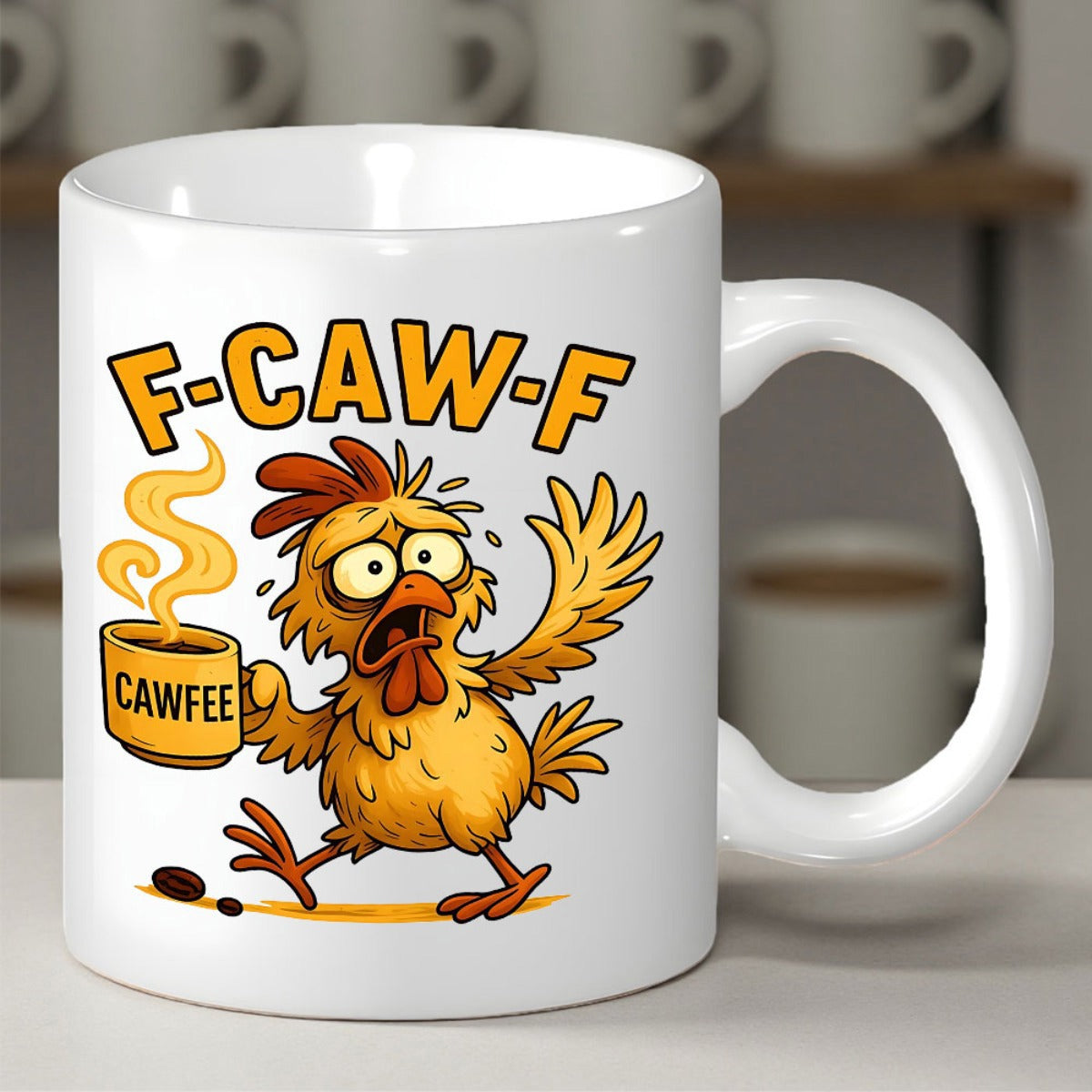 Tailorly White Ceramic 11 oz Mug - F Caw F Cawfee Hilarious Jittery Rooster Holding A Steaming Cup Of Hot Morning Beverage Chicken
