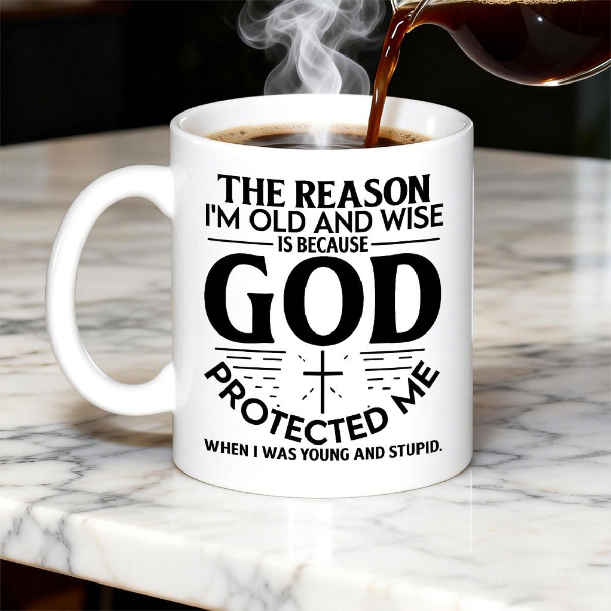 Tailorly White Ceramic 11 oz Mug - The Reason Im Old And Wise Is Because God Protected Me When I Was Young And Stupid Minimalist Christian Cross Symbol With