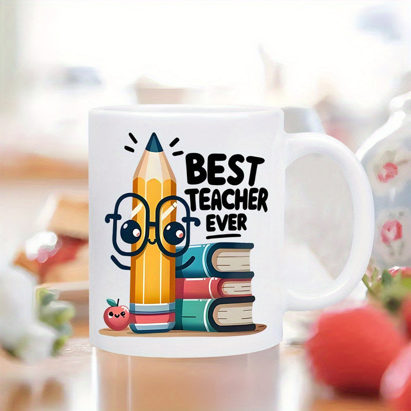 Tailorly White Ceramic 11 oz Mug - Best Teacher Ever Cartoonish Character Wearing Black Glasses Beside Three Colorful Stacked Books Pencil