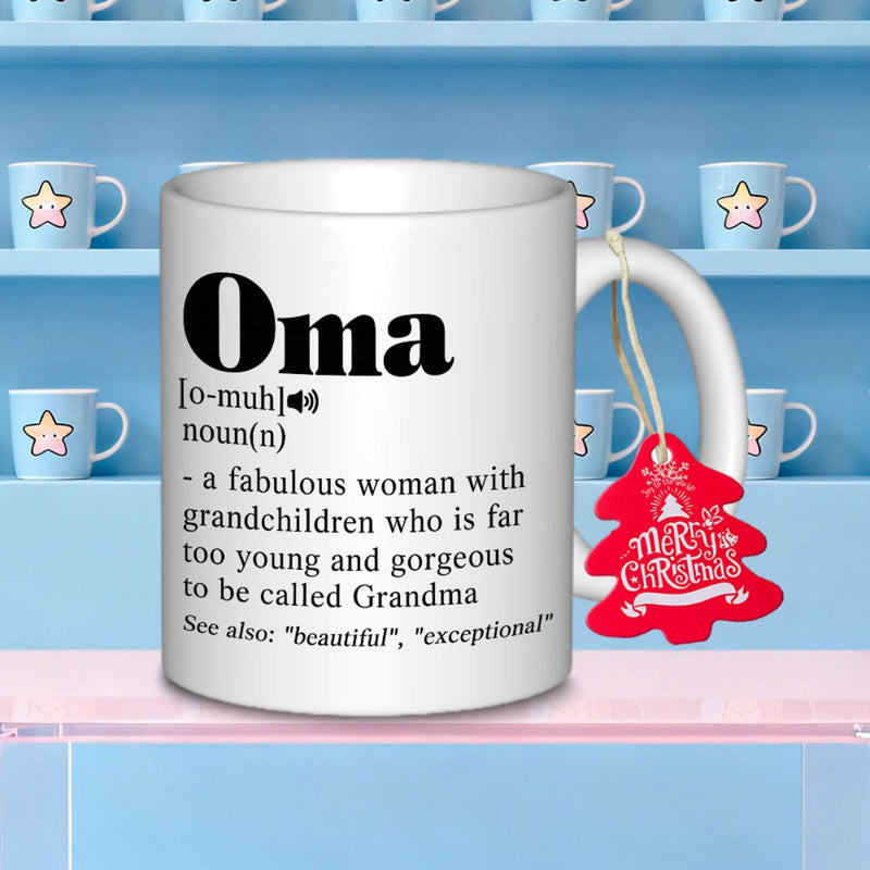 Tailorly White Ceramic 11 oz Mug - Oma Minimalist White Ceramic With Bold Black Dictionary Style Definition Text Mug
