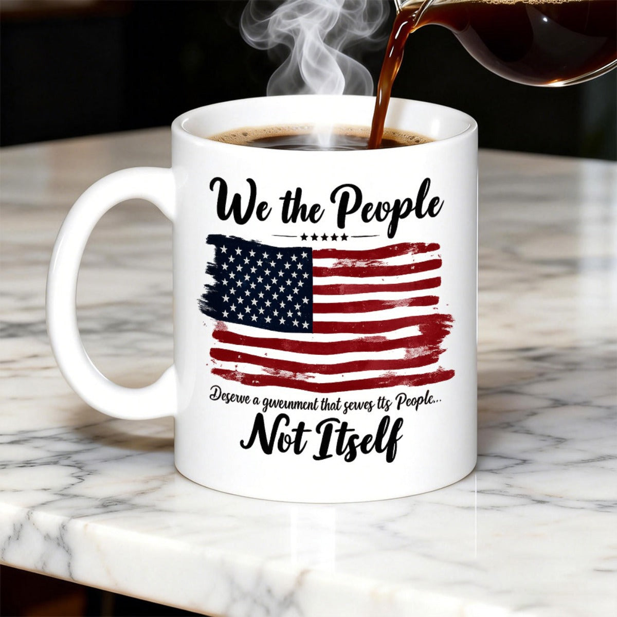 Tailorly White Ceramic 11 oz Mug - We The People Not Itself Distressed American Flag With Artistic Brush Strokes And Patriotic Stars Mug