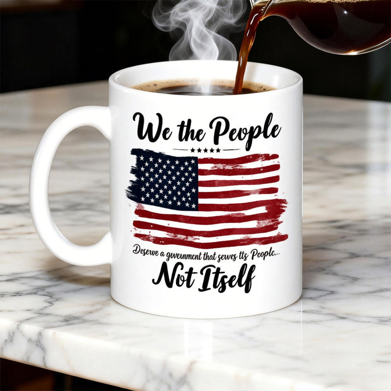 Tailorly White Ceramic 11 oz Mug - We The People Not Itself Distressed American Flag With Artistic Brush Strokes And Patriotic Stars Mug