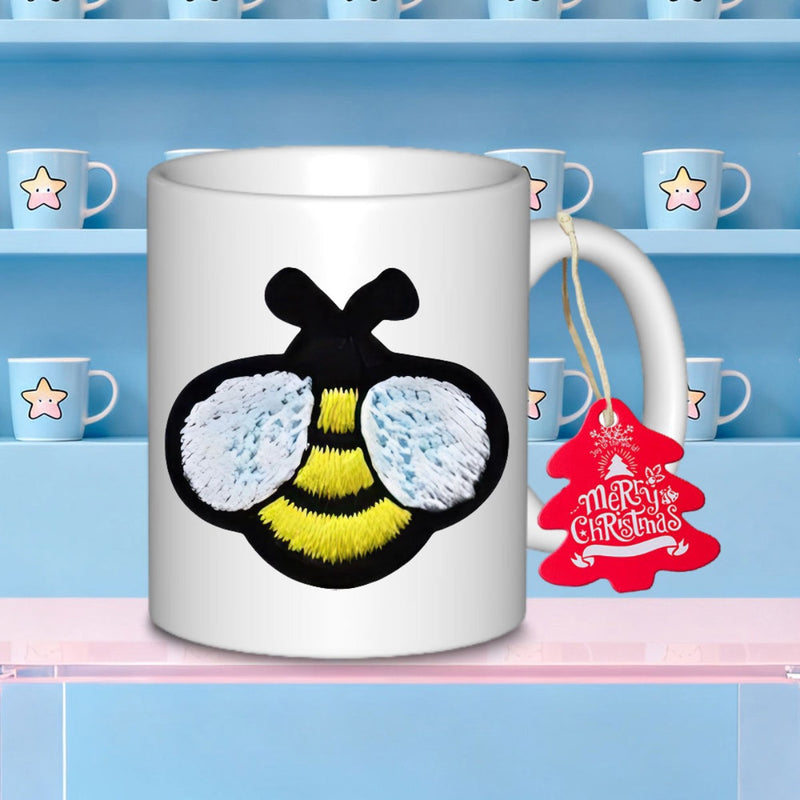 Tailorly White Ceramic 11 oz Mug - Merry Christmas Vibrant Yellow And Black Striped Fuzzy Patterned Flying Garden Bee