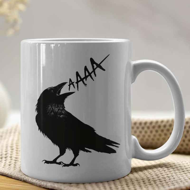Tailorly White Ceramic 11 oz Mug - Aaaaa Screaming Black Bird With Sharp Beak And Edgy Artistic Feather Textures Raven