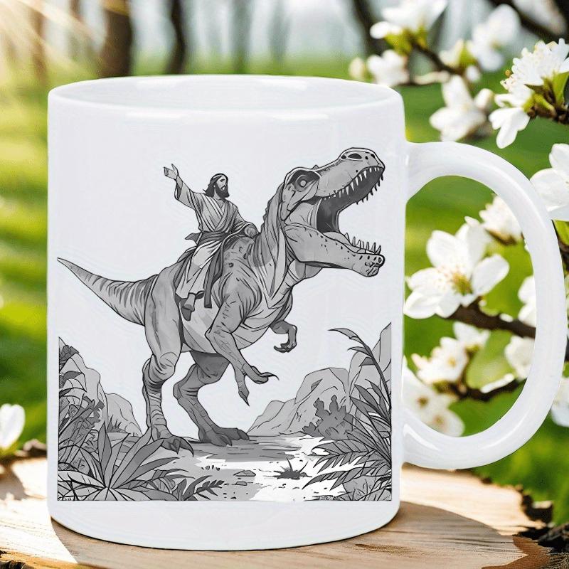 Tailorly White Ceramic 11 oz Mug - Majestic Savior Riding Through Ancient Prehistoric Jungle On A Roaring T-Rex