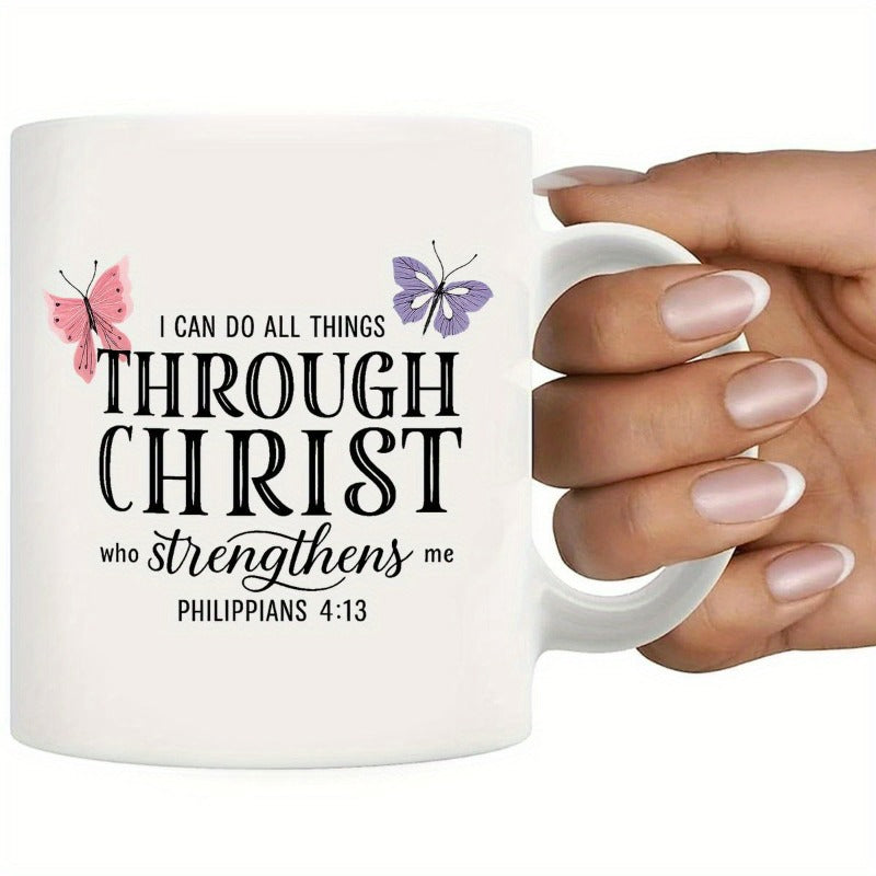 Tailorly White Ceramic 11 oz Mug - I Can Do All Things Through Christ Who Strengthens Me Philippians 4 13 Elegant Butterflies Hovering Near Beautiful Religious