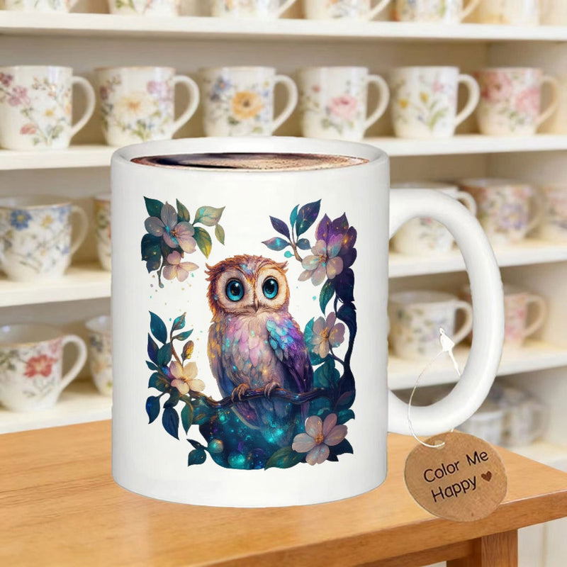 Tailorly White Ceramic 11 oz Mug - Color Me Happy Adorable Owl Perched On Branch Among Colorful Soft Spring Flowers And Leaves Owl