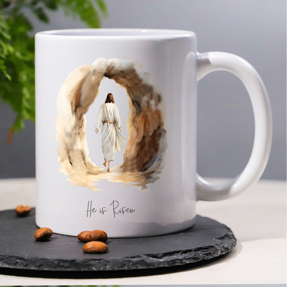 Tailorly White Ceramic 11 oz Mug - He Is Risen Holy Figure Dressed In White Robes Emerging From A Bright Rocky Cave
