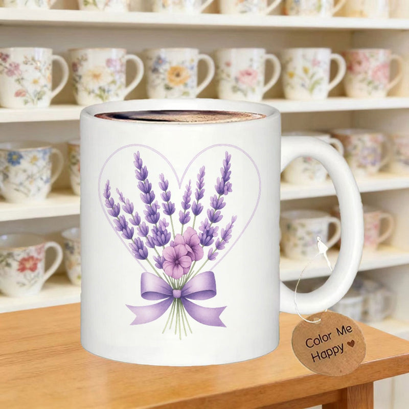 Tailorly White Ceramic 11 oz Mug - Color Me Happy Beautiful Purple Lavender Sprigs Tied With A Ribbon In Heart Shape Lavender