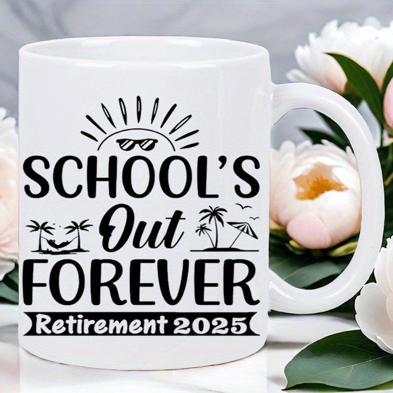 Tailorly White Ceramic 11 oz Mug - Schools Out Forever Retirement 2025 Tropical Beach Scenery With Palm Trees And Sun Shining Over Hammock Scene