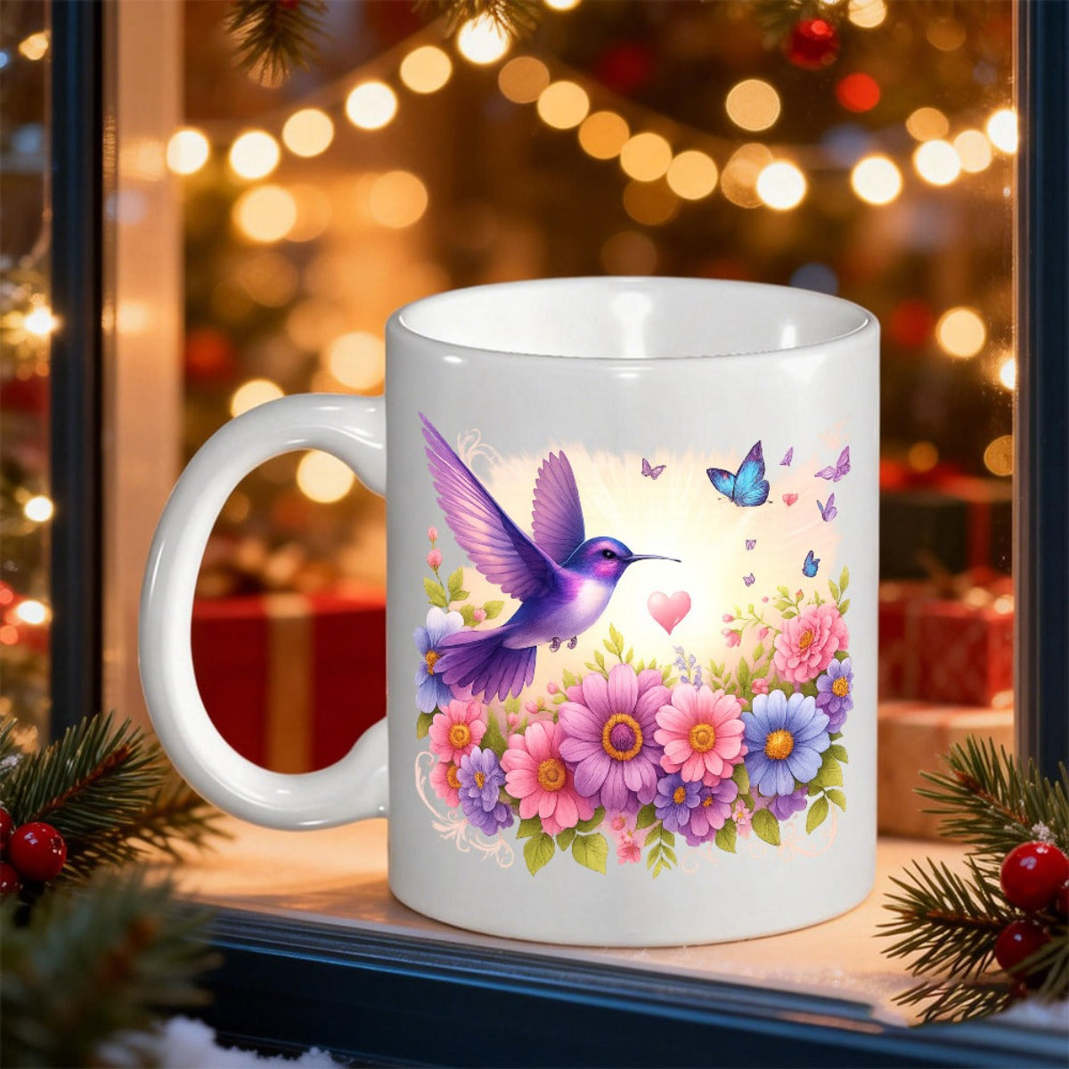 Tailorly White Ceramic 11 oz Mug - Vibrant Purple Hummingbird Hovering Over Colorful Spring Flowers With Flying Butterflies Hummingbird