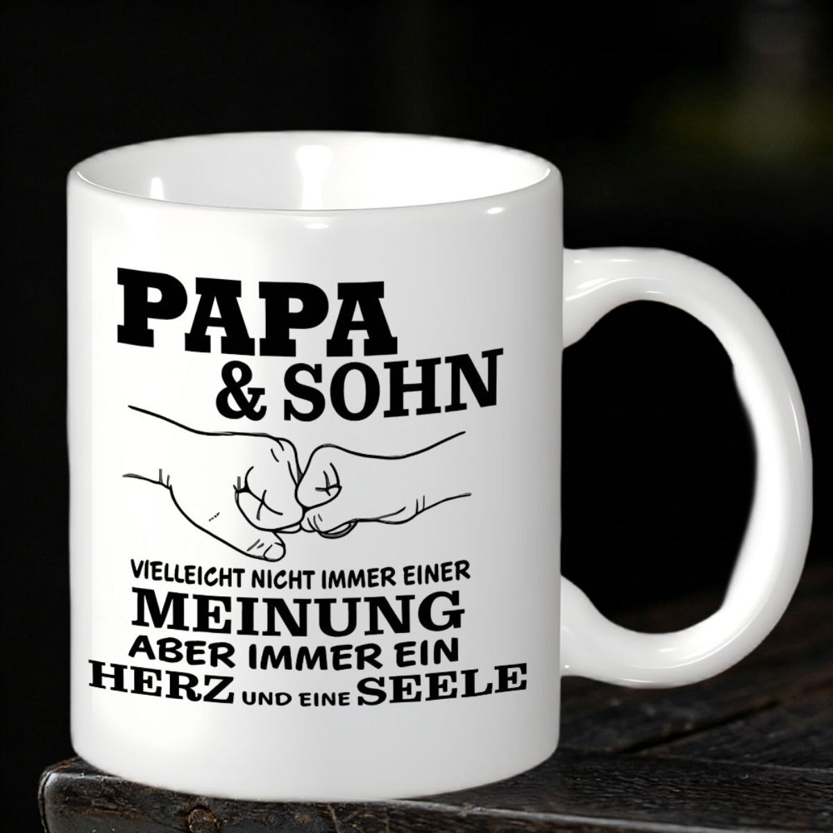 Tailorly White Ceramic 11 oz Mug - Minimalist Black Line Art Depicting A Loving Father And Son Fist Bump Hand
