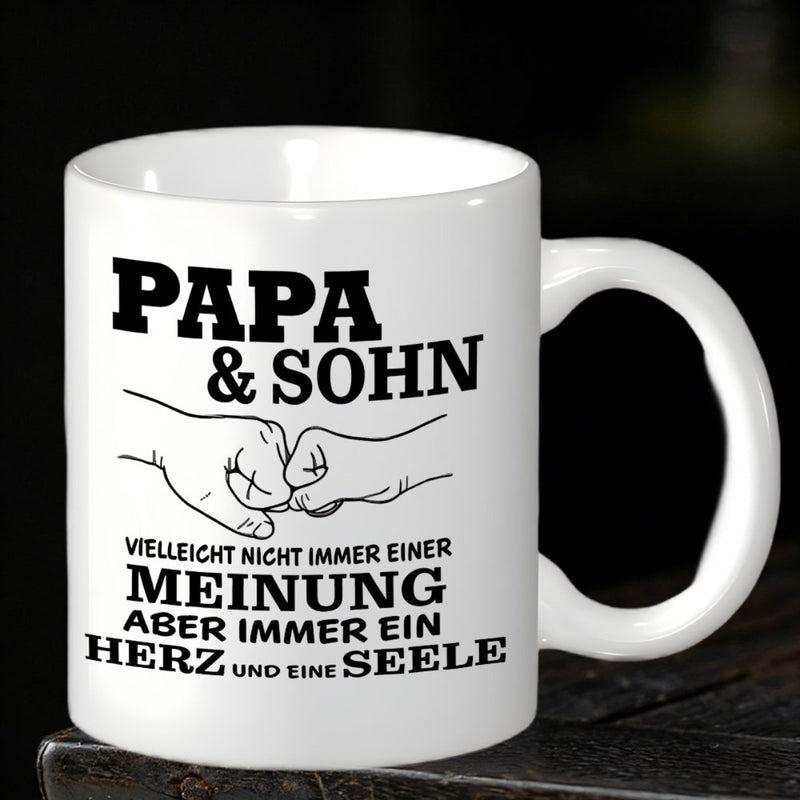 Tailorly White Ceramic 11 oz Mug - Minimalist Black Line Art Depicting A Loving Father And Son Fist Bump Hand