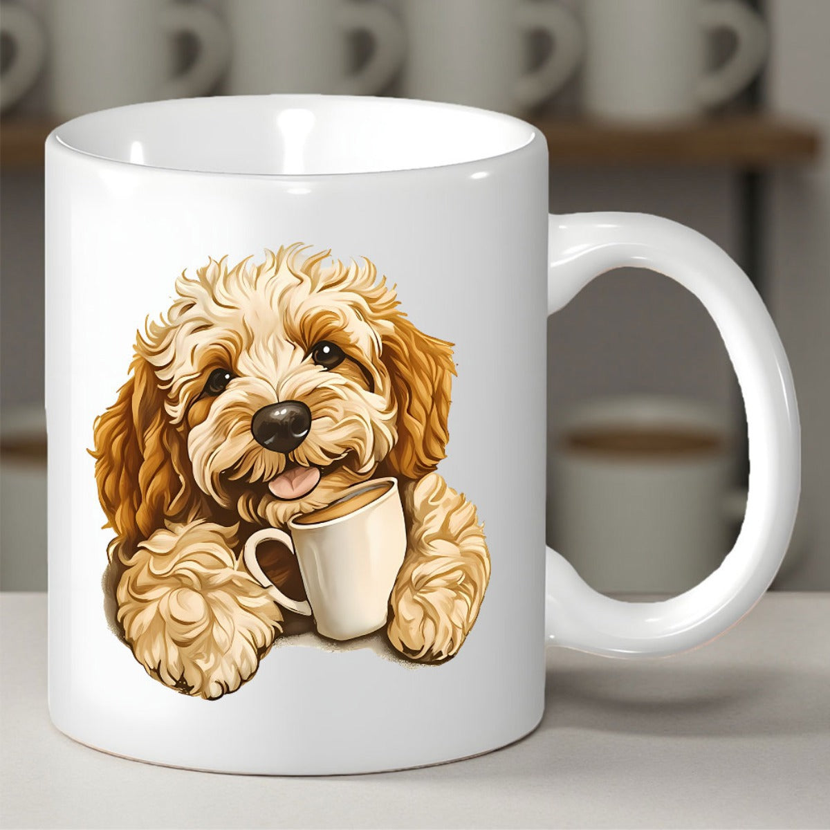 Tailorly White Ceramic 11 oz Mug - Adorable Fluffy Golden Poodle Mix Puppy Holding A Warm Coffee Cup Dog