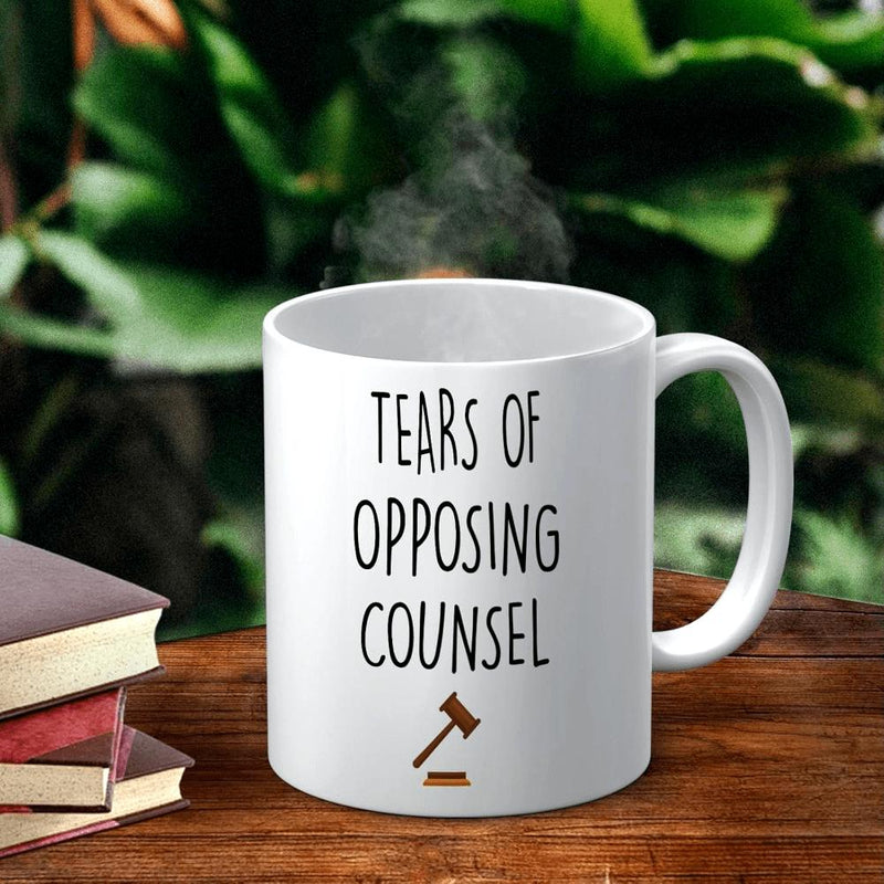 Tailorly White Ceramic 11 oz Mug - Tears Of Opposing Counsel Minimalist Silhouette Of A Small Judge Gavel Sitting Centered Below Simple Black Gavel