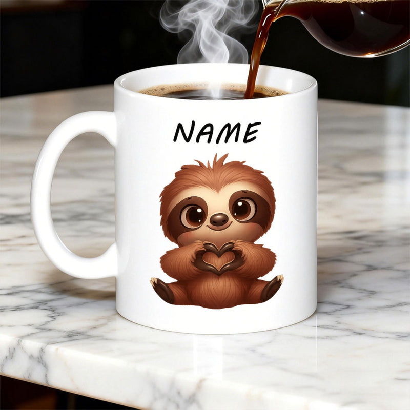 Tailorly White Ceramic 11 oz Mug - Name Adorable Brown Furry Animal Making Heart Gesture Sitting Quietly Sloth