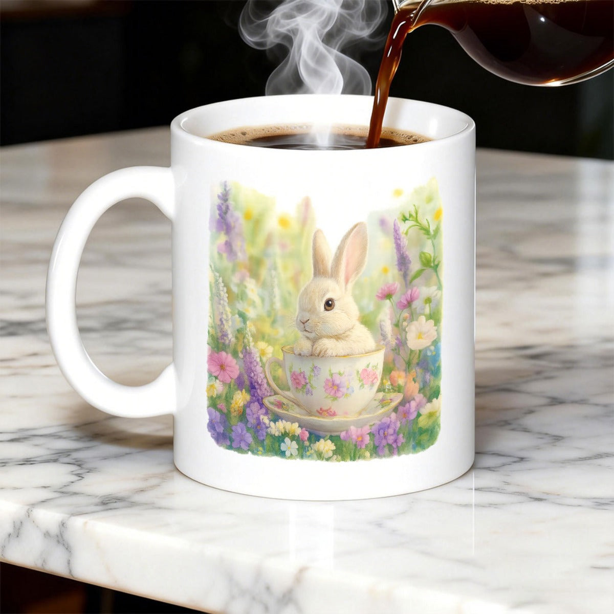 Tailorly White Ceramic 11 oz Mug - Soft Watercolor Floral Teacup Within Lush Garden Blooming Field Rabbit